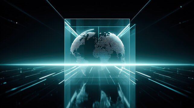 Futuristic Digital World Map in Neon Light with Virtual Cube and Data Lines - Powered by Adobe