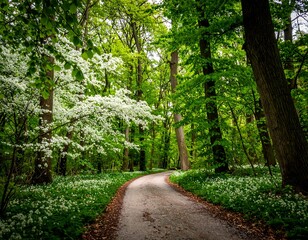 A winding path through a springtime forest