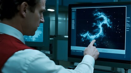 Scientist examining a cosmic nebula on a computer screen in a laboratory setting