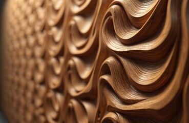 Modern wood acoustic panel design features repeating wave patterns. Natural wooden texture, warm brown tones. Ideal for interior decor, soundproofing, and wall treatments in homes, offices, studios.