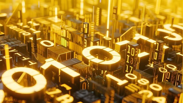 Golden Digital Landscape with Binary Codes and Numeric Values