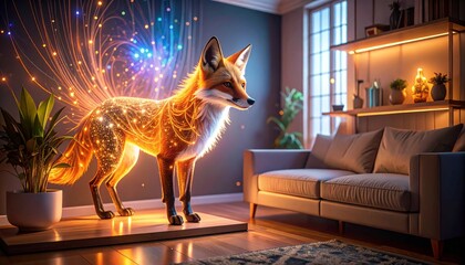 Whimsical glowing virtual fox AI assistant made of light and energy, blending digital art with futuristic smart home design.