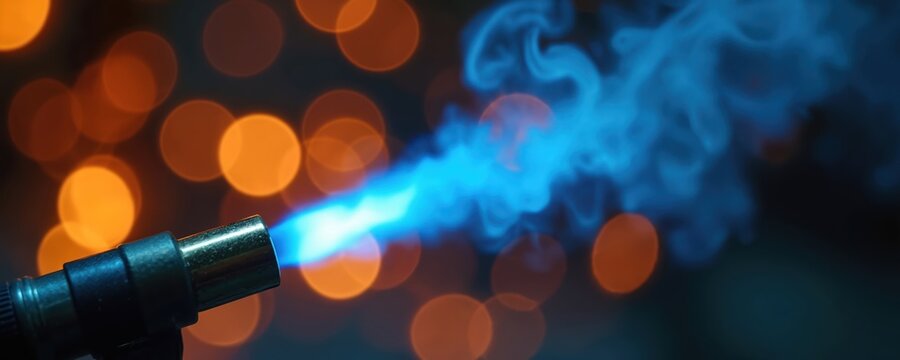 Close-up of blowtorch emitting vibrant blue flame against blurred orange bokeh lights. Intense heat and energy visible. Industrial tool for metalwork, ignition, and soldering.