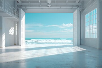 Bright coastal warehouse interior with expansive ocean view and natural light enhancing the spacious atmosphere during daytime