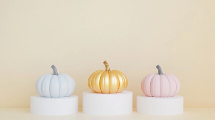 Colorful Pumpkins On White Display Stands - Autumn Decoration And Product Display Material Against Fresh Background