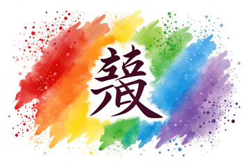 Chinese Character for ' Love' Surrounded by Rainbow Paint Splatter on White Background calligraphy