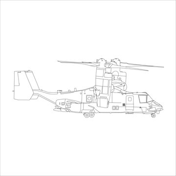 Adult military helicopter coloring page for book. Copter and Aircraft. Vector line illustration. Vehicle war-plane Graphic element. chopper. Black contour sketch 