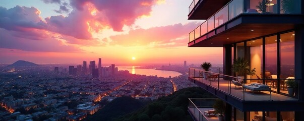 Luxurious high-rise condos overlooking a stunning cityscape at sunset Modern architecture, glass facades, and spacious balconies showcase elegant urban living , cityscape, development
