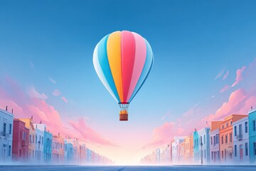 Colorful Hot Air Balloon Floating Above Bright City Street During Sunset