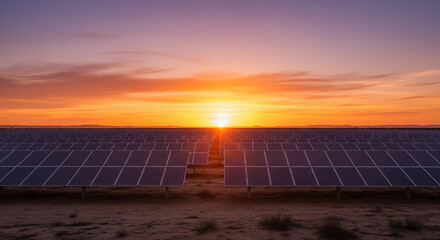 ultra realistic wide shot of a modern solar panel farm glowing under a warm golden sunset sky