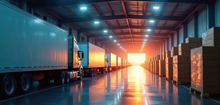 Wide view of cross-dock logistics facility interior, trucks, pallets in transfer. Sunlight beams through main hall creating warm glow on stacks of boxes. Modern warehouse infrastructure, supply chain