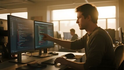 Programmer working on dual monitors in a modern office environment, coding software with focused attention.