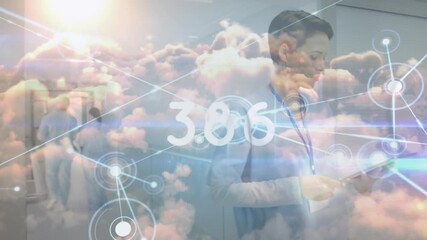 Animation of network of connections over diverse doctors and sky with clouds - Powered by Adobe