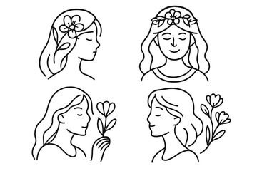 Collection of linear female portraits with flowers. Minimalist woman face for logo design. Concept for beauty, spa, wellness, cosmetics, nature, floral, feminine brand.