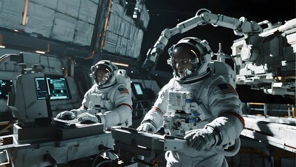 Astronauts in space suits conducting operations near a spacecraft
