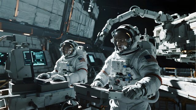 Astronauts in space suits conducting operations near a spacecraft