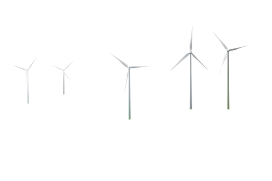 Wind turbines stand tall above lush grassy hills covered in vibrant flora under a clear sky, showcasing the harmony between technology and nature in a renewable energy landscape - Powered by Adobe