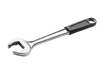 Single ratchet wrench placed on a white surface showcasing its shiny metal finish and ergonomic handle designed for effective grip during mechanical tasks