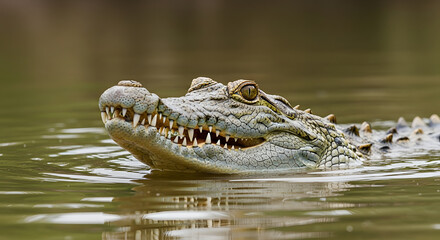 Fototapeta premium Closeup of a crocodiles head emerging from murky water