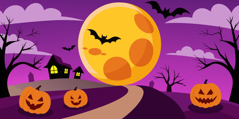Whimsical Halloween Night Scene with Pumpkins Haunted House Bats and a Full Moon Against a Purple Sky