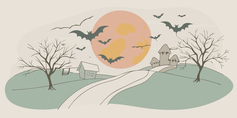 Whimsical Halloween Night Landscape with Full Moon Bats Spooky House and Bare Trees in Muted Colors for Festive Autumn Designs