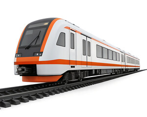 Obraz premium A modern passenger train on the tracks with white and orange color scheme against a white background