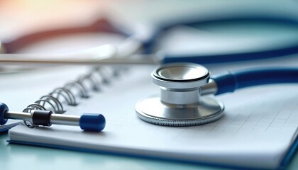 Medical stethoscope rests on notebook with grid paper. Represents essential clinical knowledge, patient care, health diagnostics. Focus on health, safety, research for healthcare professionals,