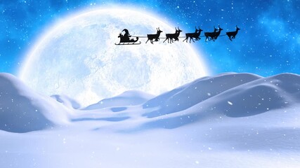 Animation of santa flying sleigh with reindeer over snow covered mountains against moon