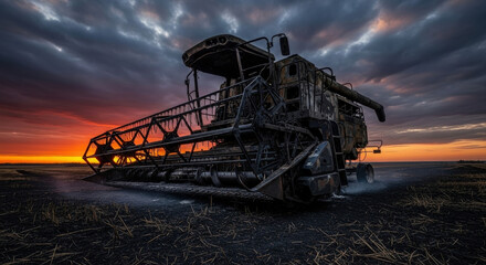 Fototapeta premium Harvesting combine harvester in a field under a dramatic sunset and cloudy sky 
