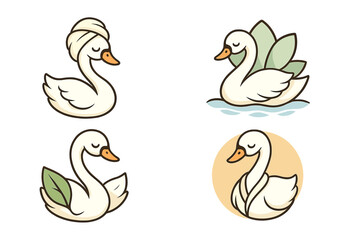 Set of elegant swan logo designs for beauty, spa, and wellness. Feminine bird mascot icon collection. Vector cartoon illustration for cosmetics, skincare, or natural products.