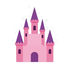 Fototapeta premium A charming, fairytale castle, rendered in soft pinks and purples, is adorned with sparkling stars, creating a magical and enchanting scene.
