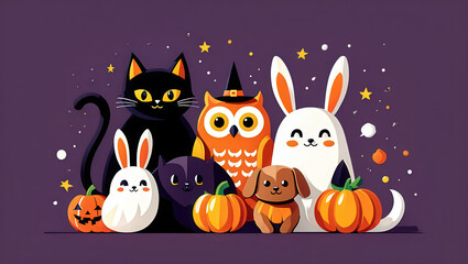 Fototapeta premium Charming collection of cute cartoon animals and pumpkins enjoying a festive Halloween evening