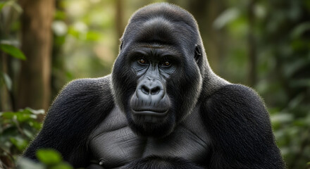 Obraz premium A powerful silverback gorilla stares intently from a lush jungle setting
