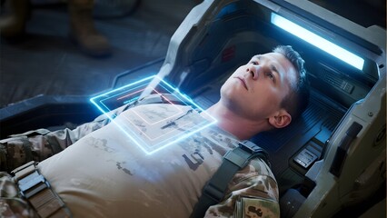 Soldier undergoing medical scanning in a futuristic device