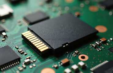 Black micro SD card with gold contacts sits on green microcircuit board. Macro view shows electronic components, chips, data storage technology. Perfect for tech, data transfer, cybersecurity themes.