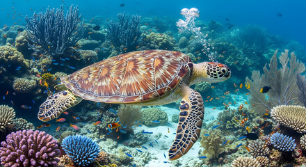Fototapeta premium Hawksbill sea turtle swims gracefully over a vibrant coral reef