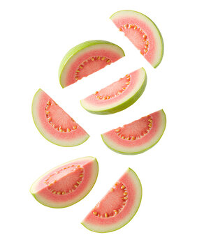 Guava fruit falling down PNG. Guava fruit suspended in air isolated for healthy and organic food campaigns. Vegan vegetarian guava fruit flying png