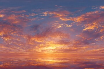 Fototapeta premium Golden glowing sunset sky panorama over tranquil landscape showcasing soft pink and orange hues during twilight