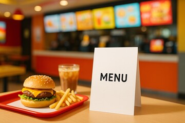 Fast Food Menu Mockup with Burger and Fries in Restaurant Setting