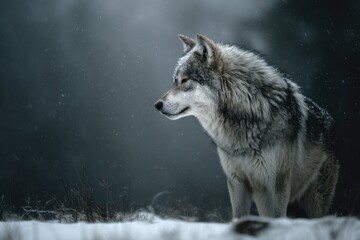 Majestic wolf standing gracefully in a snowy landscape surrounded by tranquil winter scenery under soft lighting