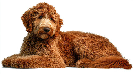 Fototapeta premium Adorable Fluffy Labradoodle Dog Lying Down Isolated on White Background