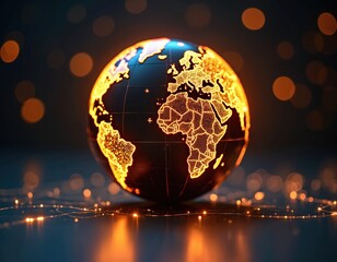 Glowing globe displays illuminated continents connected by shimmering lines against dark background. Features bright gold light dots, network structure, digital cyberspace, global communication.