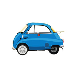 Naklejka premium A vibrant, stylized depiction of a classic blue car, presented in a clean and simple design against a bold black background.