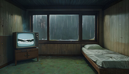 Old room with TV and bed when it rains.
