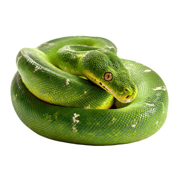 Vibrant emerald green tree python coiled and resting with intense red eyes isolated on transparent background