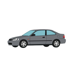 A simple, stylized illustration of a gray coupe automobile against a black background.