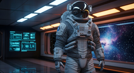 Astronaut in a futuristic spaceship corridor with stars visible