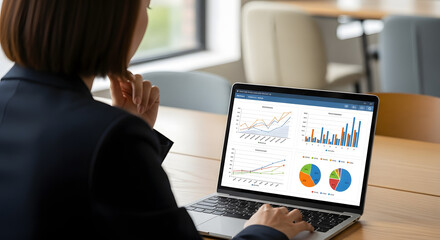 Businesswoman analyzing financial charts and graphs on a laptop screen