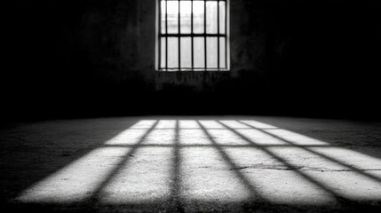 Prison Cell Window Casting Shadows On Floor. Symbolizes Confinement And Isolation
