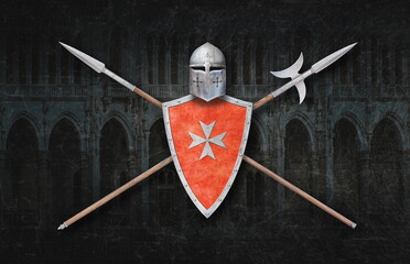 helmet red shield with a cross spear and halberd on ancient dark background